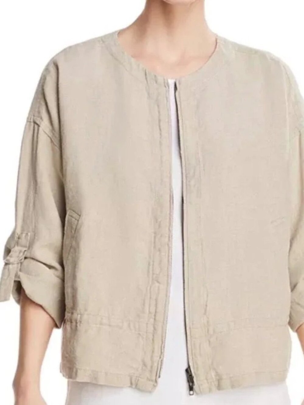 EILEEN FISHER womens JACKET tan LINEN shirt OVERSIZED boxy BOMBER SIZE M